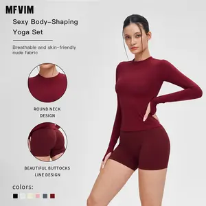 MFVIM Women's Solid Color Round Neck Sports T-Shirt & High Waist Shorts Tracksuit Set Long Sleeve Tight Fitting Top & Skinny Shorts Summer Outfit 2025 Ladies Sportswear for Indoor and Outdoor Wear