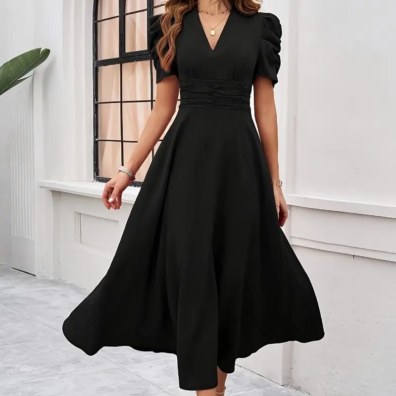 Women's Black Maxi Dress, Elegant V-Neck Slim Fit & Flare Style in Plain Woven Fabric with Short Sleeves for Everyday Wear