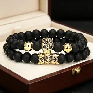 Luxury Skull Charm Matte Black Onyx Beaded Bracelet Set Micro Pave Zircon Elastic Wristband