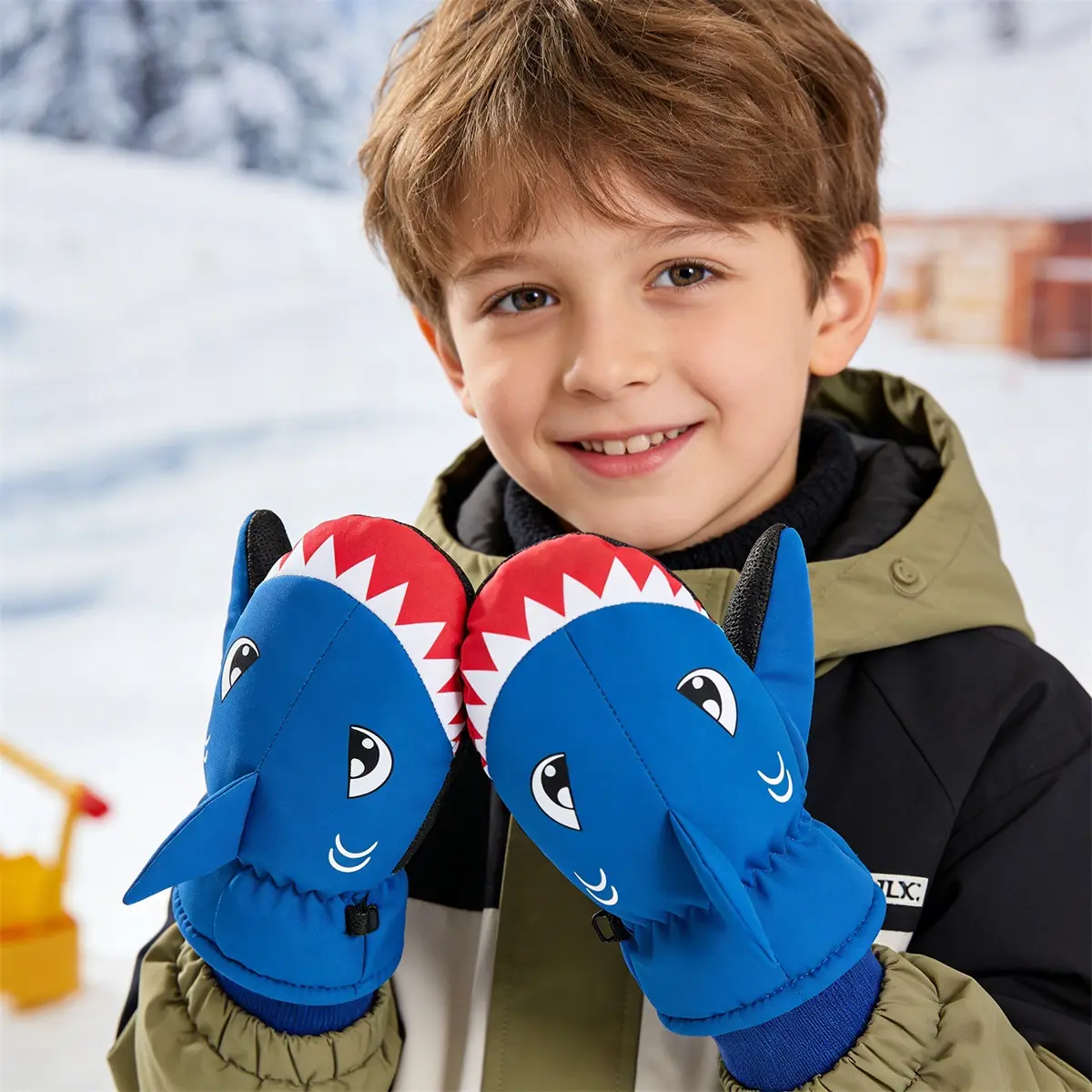 Toddler Shark Print Winter Mittens, Waterproof Warm Insulated Gloves, Cute 3D Animal Design Snow Gloves for Kids Outdoor & Playtime Wear