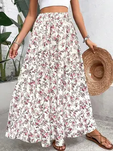 [Plus Size] Ditsy Floral Print A Line Skirt, Boho Fashion Bohemian Casual Elastic Waist Maxi Long Skirt for Daily Holiday Vacation Wear Floral Printed Skirt, Women's Clothing, Womenswear for All Seasons Bohemian Summer Skirts