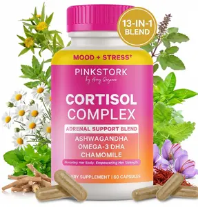 Pink Stork Cortisol Supplements for Women - Organic Ashwagandha Omega 3 DHA & Chamomile Supplement for Adrenal Support & Anti Aging - 60 Capsules
