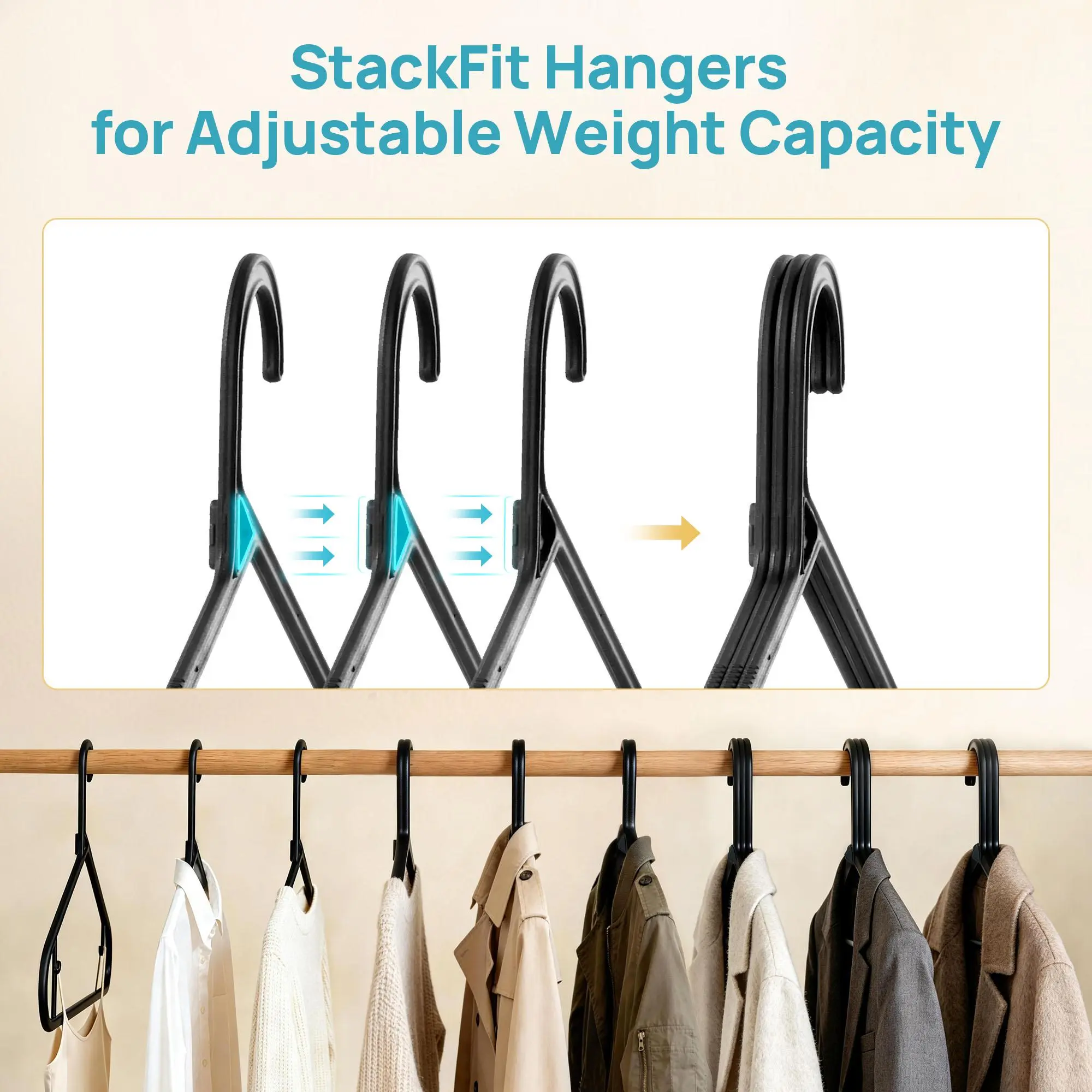 Vtopmart 60 Pack StackFit Clothes Hangers, 16.7in Standard StackFit Hangers for T-Shirt, Coats, Jackets, Sweaters, Non-Slip Slim Hanger with Hooks,Space-Saving in Closet,Durable Clothes Organizers,summerwins