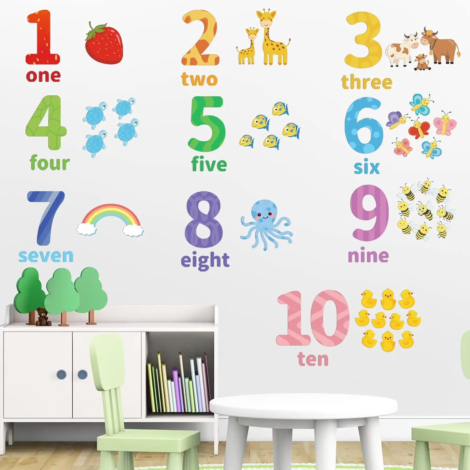 F-WPA01 Vivid Animal & Arabic Numbers 1-10 Educational Counting Decorative Stickers (28*36 cm, 4 Vinyl Sheets) - Peel-and-Stick, Removable Wall Decoration for Kids' Classroom, Contemporary Bedroom Home Supplies