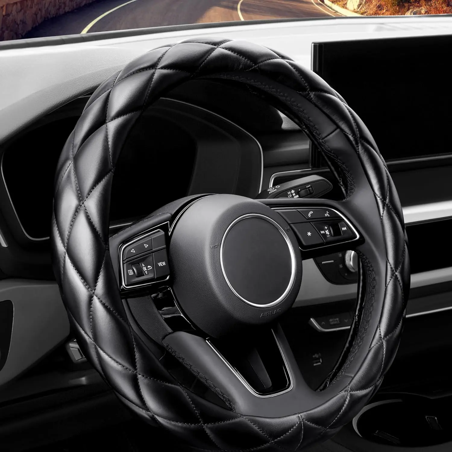 Women's Fashion Quilted Soft Microfiber Leather Car Steering Wheel Cover - 15" Universal, Heatproof, Slip-On, Easy to Install, Protects Hands, Soft and Comfy, Fits 14.5"-15" Sedans, SUVs, C-Black