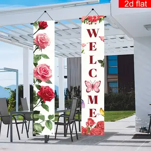 2D flat banner, 1 Pair, Outdoor Banners, Welcome Spring Front Door Porch Sign Banner, Rose Flower Butterfly Theme Party Banner, Perfect for Country Farmhouse Front Porch, Yard and Party Decoration Supplies
