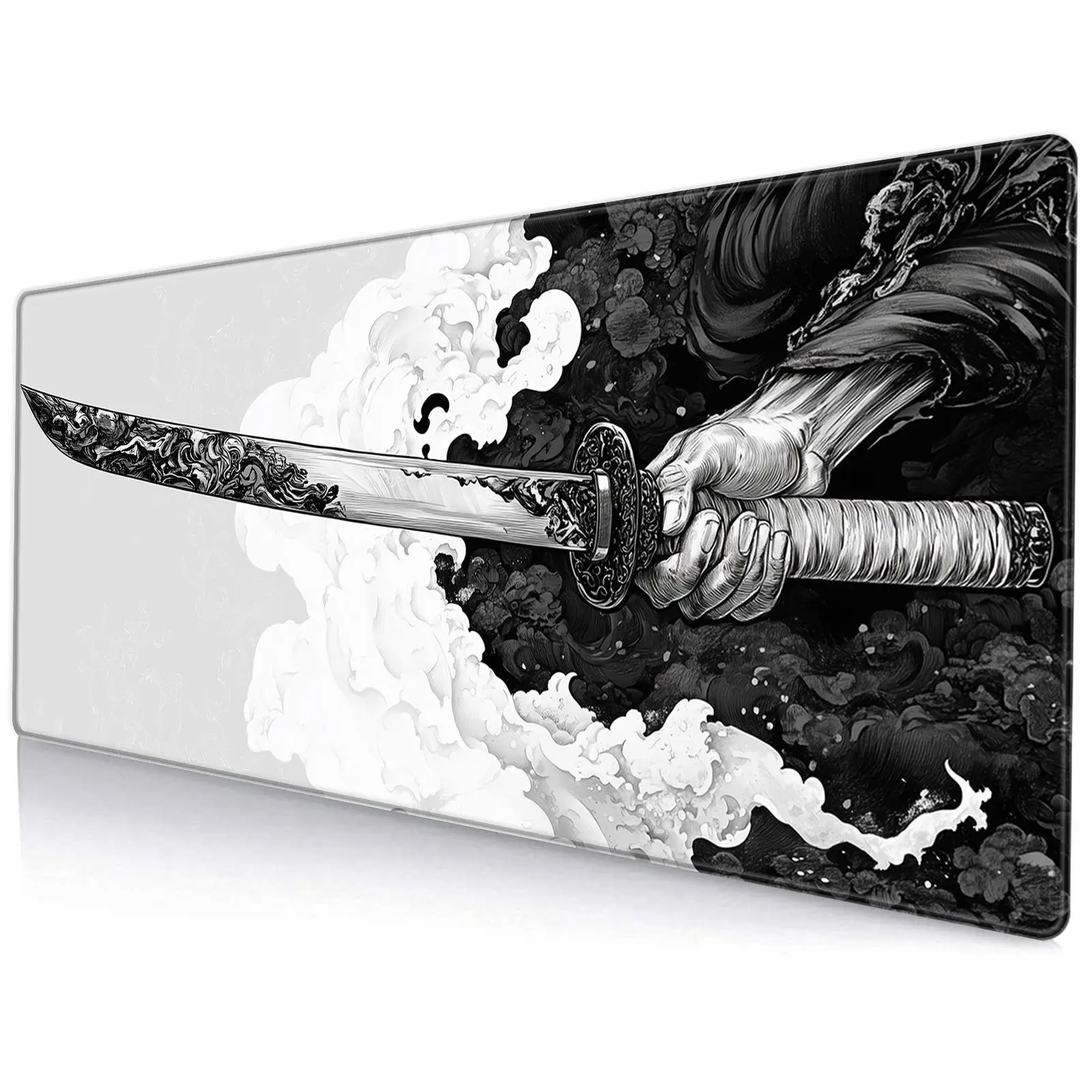 Japanese Samurai Sword Pattern Mouse Pad, Stitched Edge Design, Large Extended Computer Desk Mat, Keyboard & Mouse Pad for Gaming, Office and Home