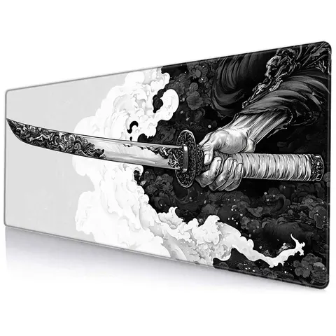 Japanese Samurai Sword Pattern Mouse Pad, Stitched Edge Design, Large Extended Computer Desk Mat, Desk Accessory, Keyboard & Mouse Pad for Gaming, Office and Home