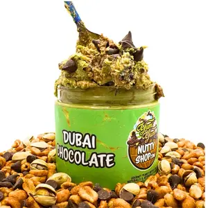Dubai Chocolate Gourmet Peanut Butter Dessert - 16oz - Yum Yum Nutty Shop Milk Chocolate Peanut Butter, Drizzled with Chocolate Sauce Topped with Crunchy Kataifi Pistachio Crème & Chocolate Morsels