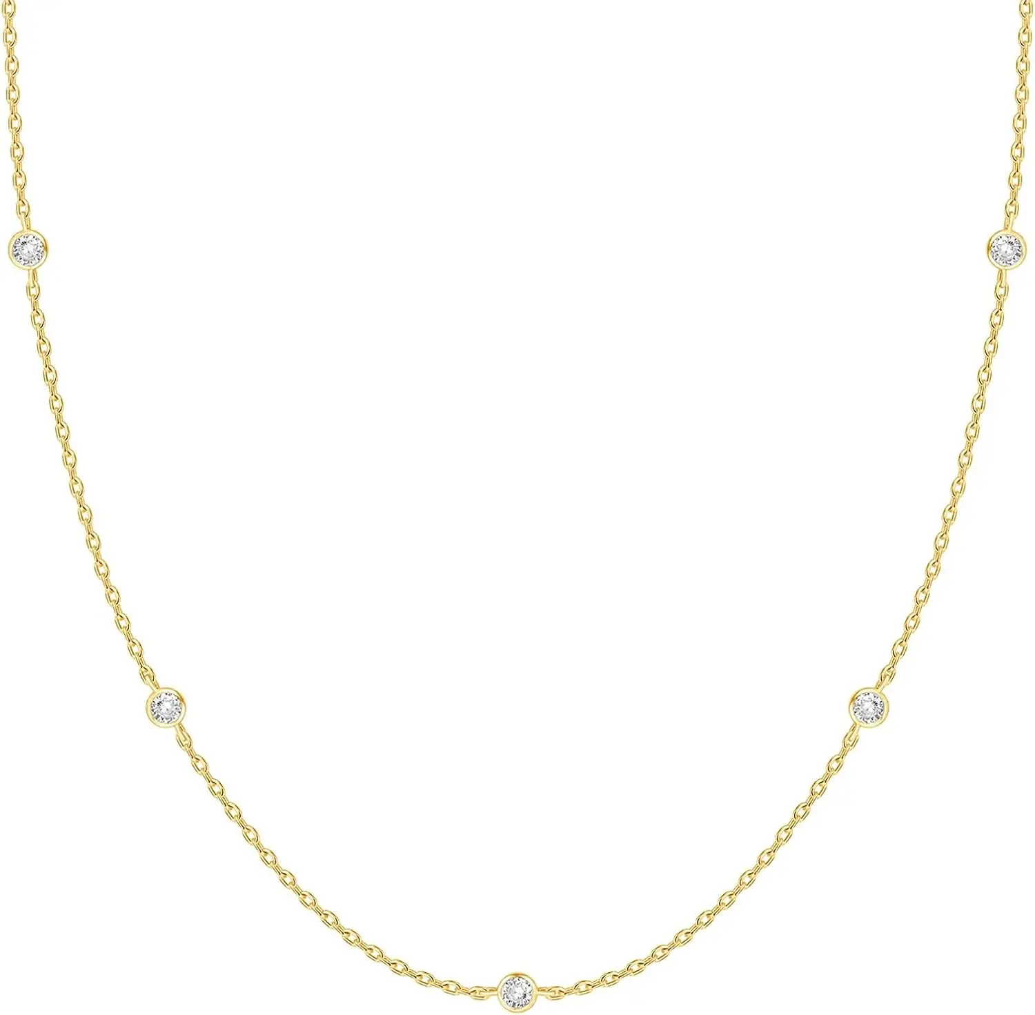 14K Gold Plated CZ Station Necklace for Women, Dainty Cubic Zirconia Layering Chain Necklace, Minimalist Everyday Jewelry Gift