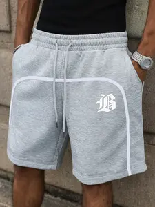 Men's Fashion Letter Print Shorts, Knitted Stretch Fabric, Casual Gym Shorts, Unique Letter Print, Perfect for Daily Wear and Outdoor Activities