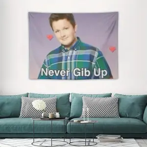 Funny "Never GIB UP" Meme Gibby Tapestry - Soft Peach Skin Fabric, Horizontal Design with Red Hearts, Perfect for Bedroom, Living Room  Without Metal Rings Decor