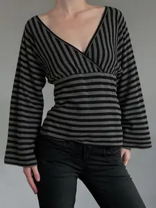 Women's V Neck Striped Colorblock Batwing Long Sleeve Top, Spring & Fall Street Style Basic Wide Sleeves T-Shirt, Womenswear