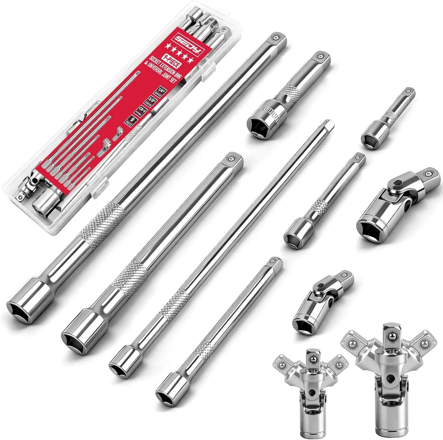 9-Piece Auto/Motorcycle Socket Extension Bar Set - 1/4" and 3/8" Drive Ratchets, 2"-10" Extensions, Flexible Joints, Chrome Vanadium Steel, Confined Work, Flexes Tight Spots, Universal Tool Compatibility