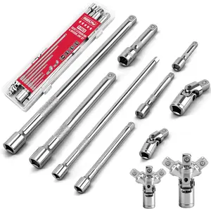 Automotive 9-Piece Socket Extension Bar Set - 1/4" and 3/8" Drive Ratchets, 2",3",4",6",8",10" Extensions, Universal Joints, Chrome Vanadium Steel, Durable Construction for Confined Areas