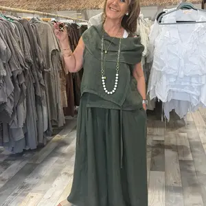 All linen One Size Set S-1 Nayala Tunic and Amelia Linen Palazzo Pants Two Piece Set for Women One Size Adjustable Top Elastic Waist Wide Leg Pants Breathable Summer Resort Outfit Fits Extra Small to Extra Large Elegant Vacation look