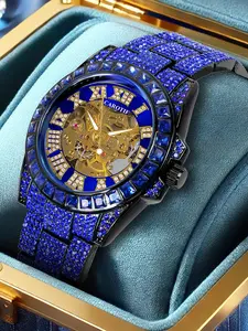 Carotif Blue Roman Numeral High-end Mechanical Men's Watch with Sparkling Sapphire Accents and Gold Skeleton Dial