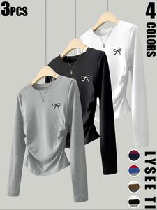 3pcs women's casual and fashionable slim fit small bow print details simple solid color pleated pullover shirt women's round neck long sleeved three piece t-shirt
