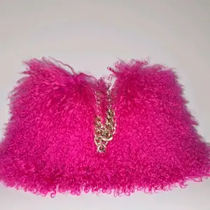 Shocking Pink 100% Mongolian Handbag with Chained Straps Magnetic Snap Closure Polished Gold Hardware Poly Satin Lining 8 x 10 Dust Bag Included