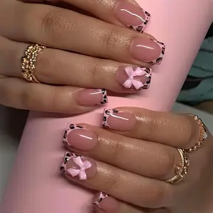 Leopard Print French Tip Press on Nails Square Fake Nails 3D Resin Bow Charm Designs False Nails Glossy Nude Pink Full Cover Acrylic Stick on Nails for Women Girls DIY Manicure Decoration 24Pcs