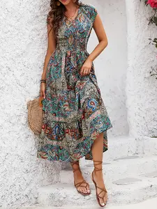 Vacation Style Boho Paisley All Over Print Dress, V Neck Elastic Waist a Line Skirt, Women's Dress, Elegant and Comfortable, Perfect for Summer, Bohemian Print Dress