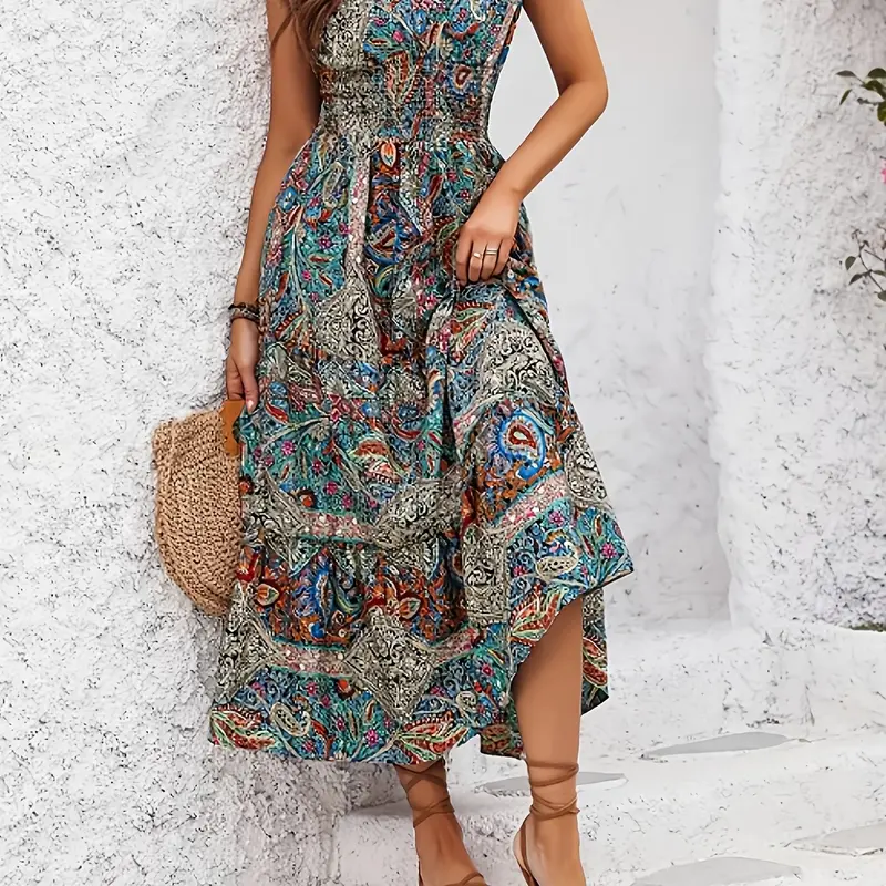 Vacation Style Boho Paisley All Over Print Dress, V Neck Elastic Waist a Line Skirt, Women's Dress, Elegant and Comfortable, Perfect for Summer, Bohemian Aesthetic Print Dress