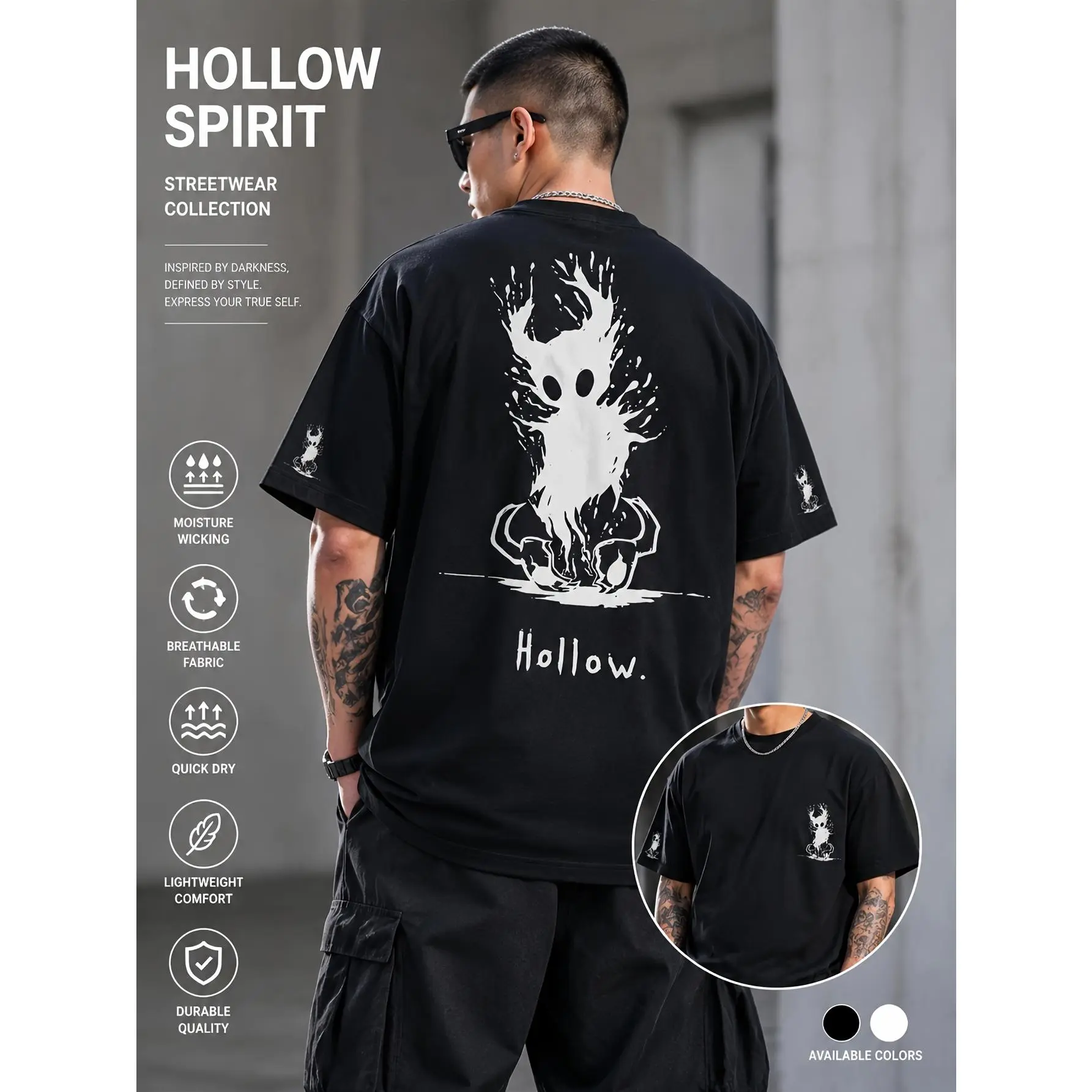 Black White Oversized Crew Neck Top With Ink Hollow Knight Silhouette Handwriting Print, Light Quick Dry Breathable Fabric, Niche Game Dark Street Casual Garment For Men And Women Daily Wear