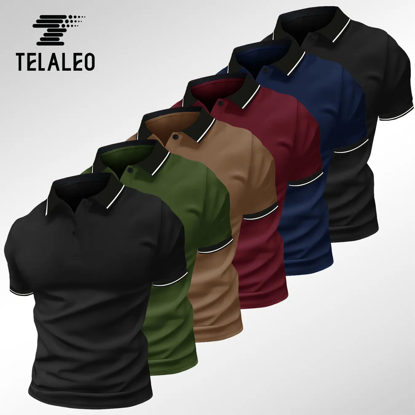 TELALEO 6 Pack Men's Polo Shirts, Quick Dry Short Sleeve with Contrast Collar and Striped Cuffs, Moisture Wicking Button Performance Tops for Golf & Tennis, Hiking, Running, Training