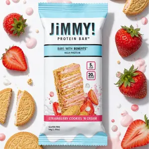 JimmyBar! Strawberry Cookies 'n Cream Protein Bar - 20g Protein, Collagen, Low Sugar, Functional Bar, 12 Count Box, Peanut-Free, High Protein Snack