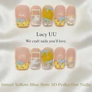 【Lucy UU】New 2 Styles Sweet Short Square Press On Nails 3D Bow Green Apple Charm Design Handmade Reusable Cute Fake Nail For Women Girls