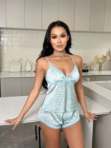 Light Blue Ditsy Floral Satin Pajama Set with Lace Trim, 2-Piece Cami & Shorts Loungewear, Sizes S-XL