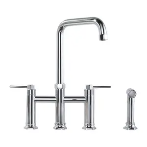 WOWOW Elegant Brass Double Handle Bridge Kitchen Faucet with Side Sprayer, 59 in. Hose, and Supply Lines in Polished Chrome
