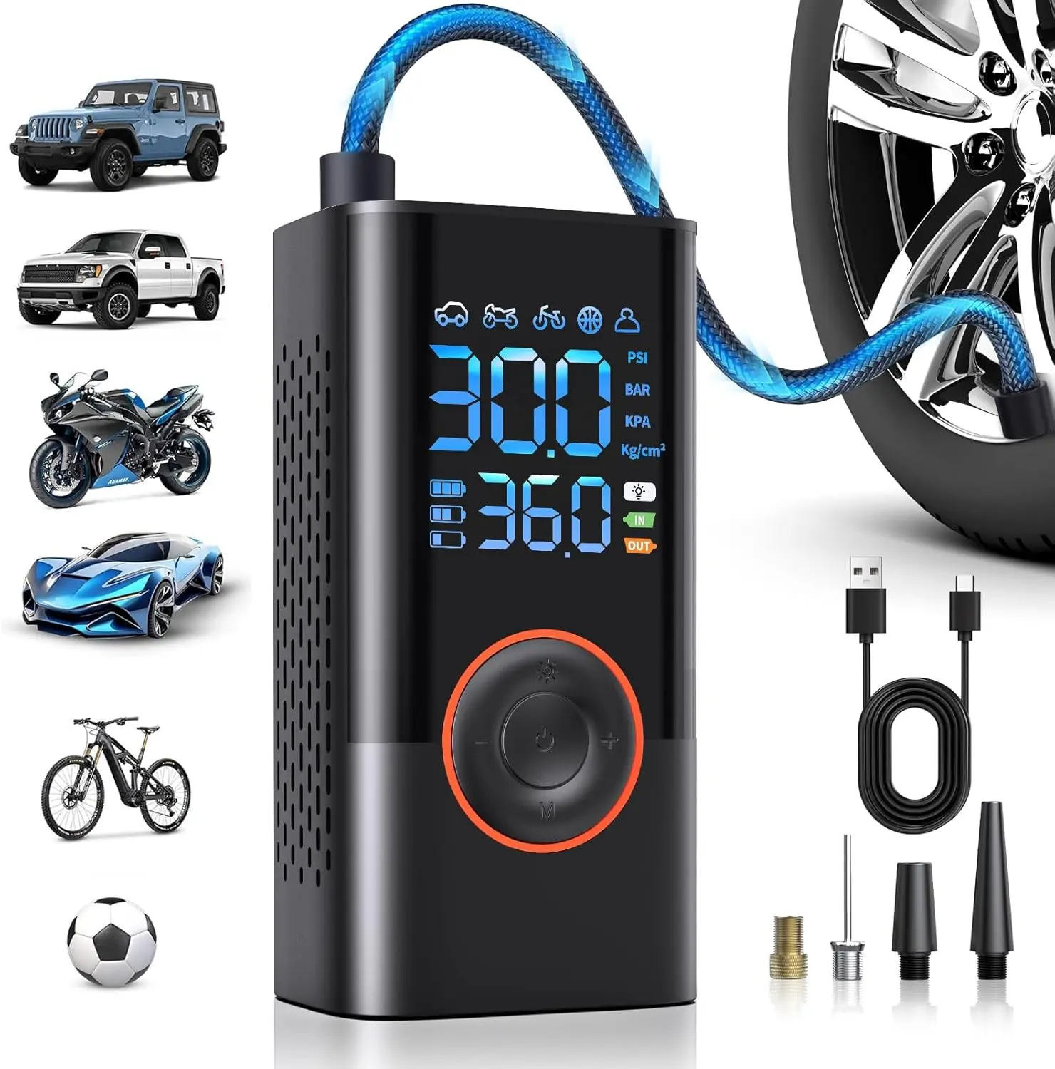 Tire Inflator Portable Air Compressor Portable Cordless Mini Air Pump with Digital Pressure Gauge Inflater 150PSI 3X Fast Inflation Auto Shutoff Large Battery Tires Pump for Cars Motors Bikes Balls