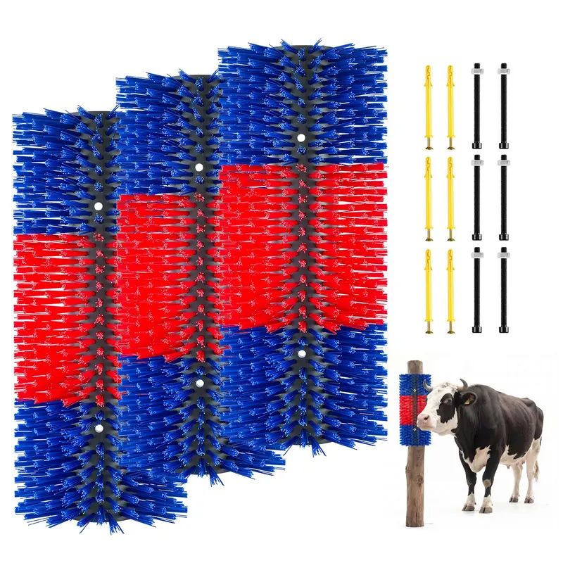 Weatherproof PBT PP Livestock Scratcher Brush Set of 3, Dense Thick Wear-Resistant Bristle 16.9 Inch Goat Scratch Post with 12 Screws, Stable Grooming Tool for Long-Term Barn & Outdoor Livestock Use