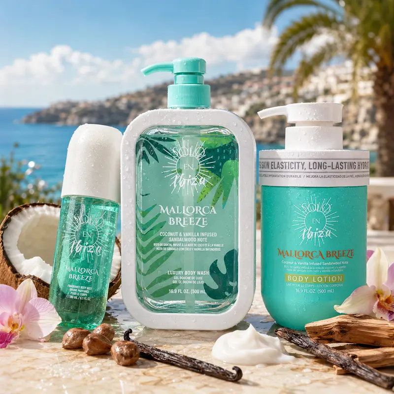 SOLO EN IBIZA Mallorca Breeze 3-Piece Bath & Body Layering Set, 6.1 fl oz (180ml) Fragrance Mist, 16.9 fl oz (500ml) Body Lotion & Body Wash, Tropical Gourmand Scent with Coconut Cream, Warm Vanilla & Toasted Praline, Multiple Scent Options
