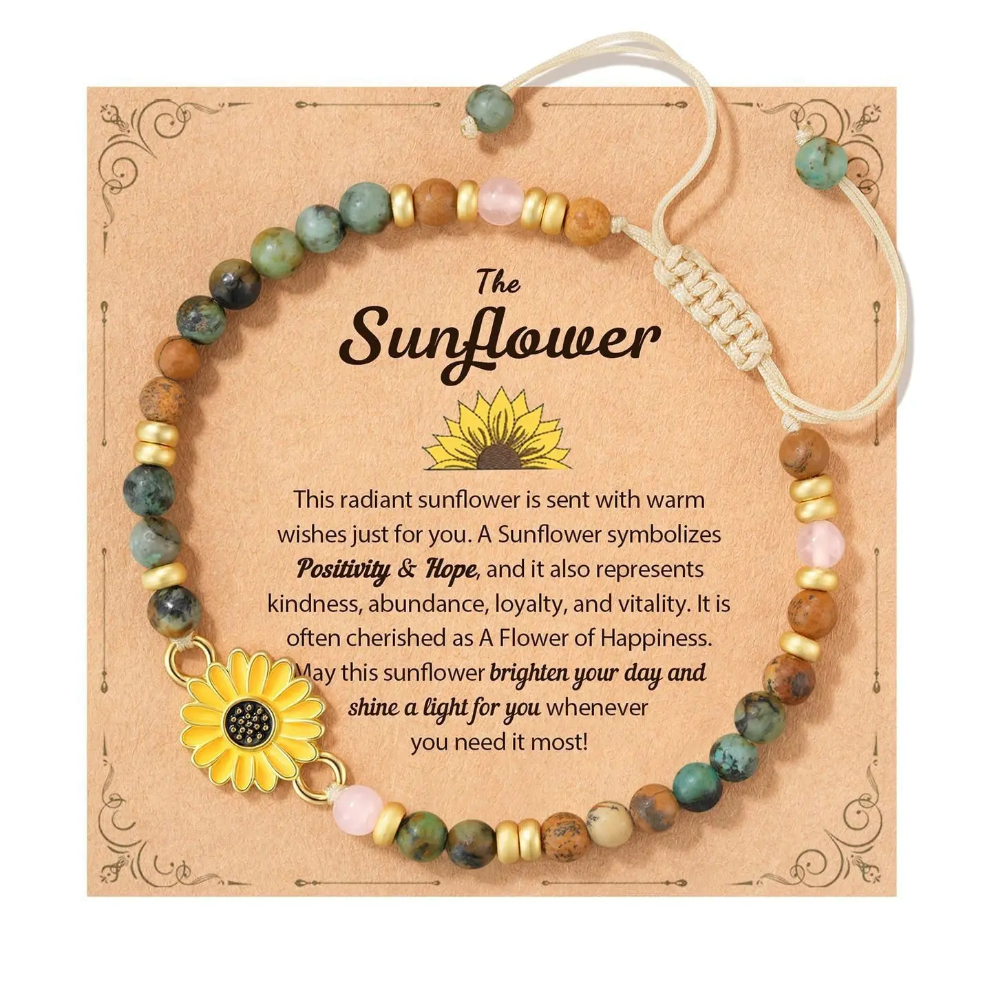 Women's Adjustable Length Sunflower Motif Crystal & Natural Stone Beaded Bracelet - Rose Quartz, African Turquoise, Durable Stainless Steel, Customizable Size, Gift-Ready Daily Wear for Women (Mother's Day), Beaded Strap