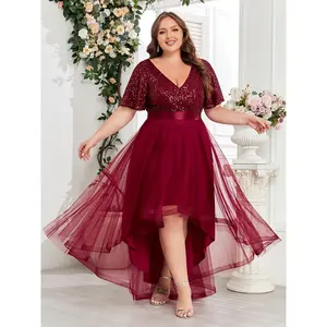 Plus Size Women'S Sparkling Maxi Dress - V-Neck, High-Low Hemline, Long Sleeve, Mesh Fabric, Perfect for Evening Parties & Dates, Plus Size Dress Formal Womenswear Workwear Festival