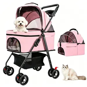 3-in-1 Foldable Pet Stroller-Car Seat with Detachable Carrier, Adjustable Handle, Sun/Rain Cover, Breathable Mesh, ,Durable Oxford Cloth, Cup Holder, Smooth Ride for Small Dogs & Cats Up to 65lbs daily walk easy installation, large storage basket