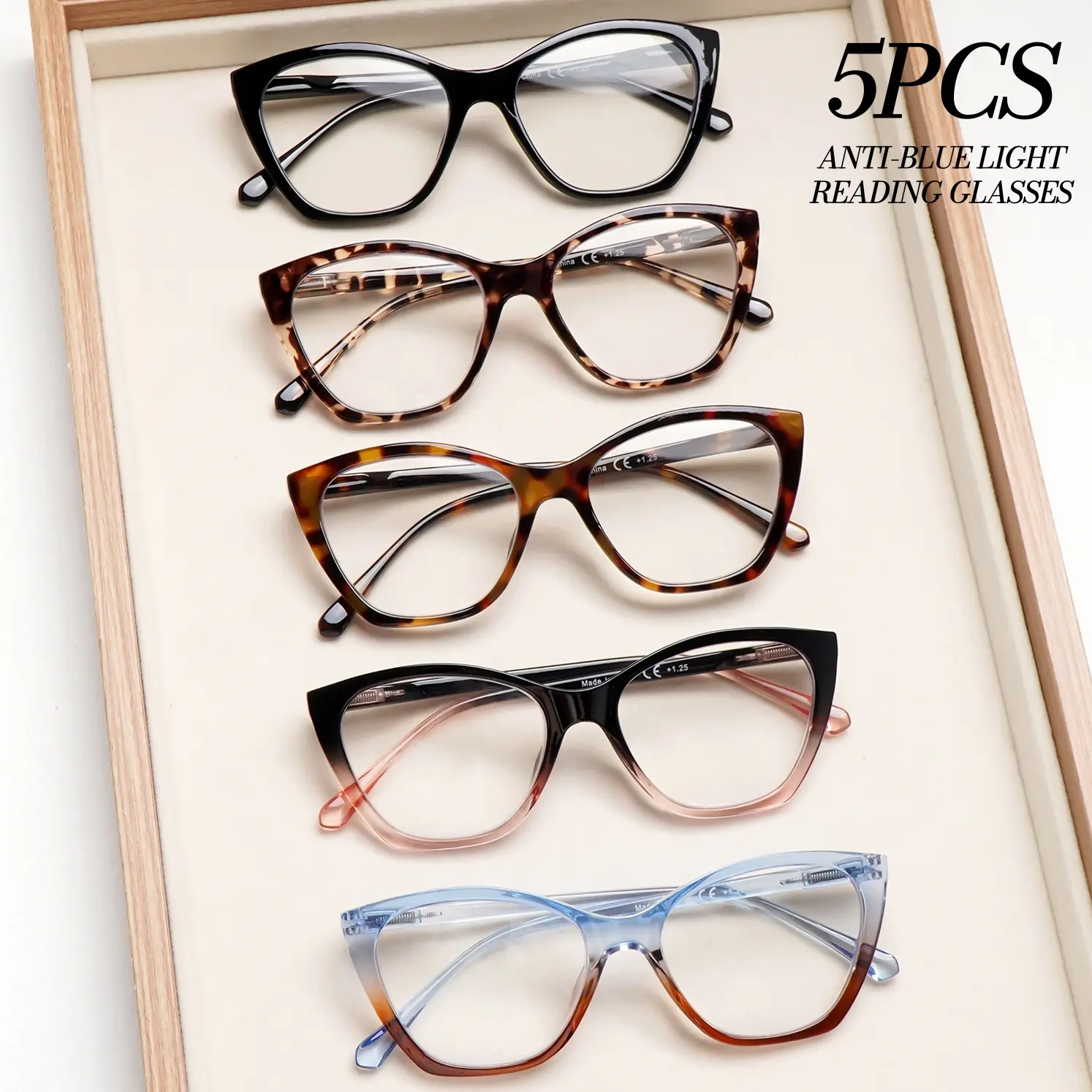 5 Pack Blue Light Blocking Reading Glasses for Women, Spring Hinge Lightweight Readers with Tortoise, Leopard Print & Gradient Color Fashion Frames