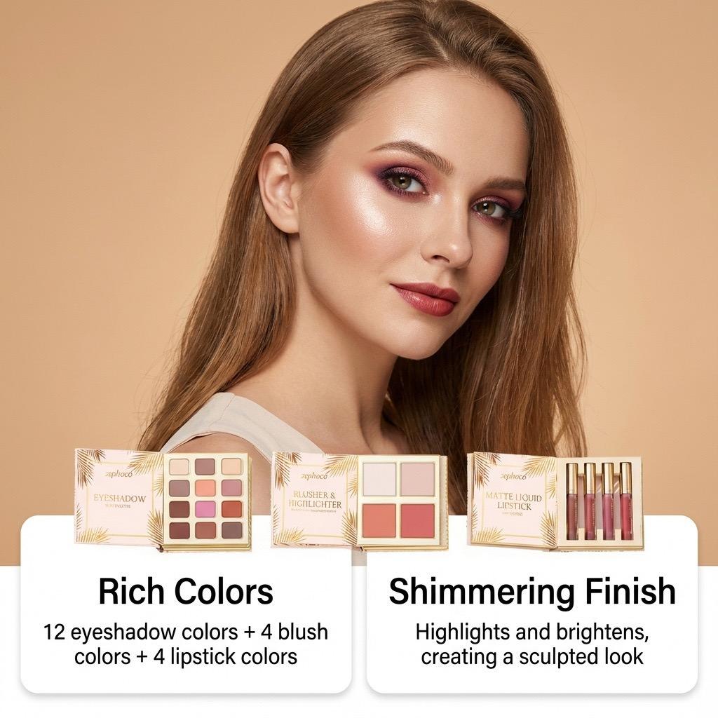 Zephoco Tropical Gold Makeup Complete Set – Eyeshadow, Blush, Lipstick, Foldable Makeup Palette for a Full Face Look
