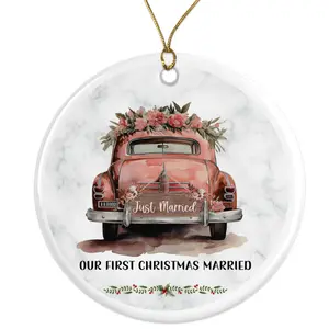 Our First Christmas Married Ornament - Just Married Car Wedding Keepsake - Anniversary Newlywed Couple Gift Ceramic Ornament -  - 3 Inch Christmas Tree Round Ornament - Xmas Holiday Decor - String Included - ORNW0305