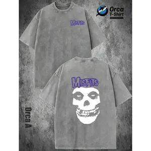 230G Men Washed Cotton Misfits Skull Logo Y2K American Vintage Street Style Outdoor Sports Fitness Casual Wear Summer Gift Idea