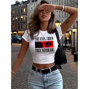 Women's Y2K "THE EYES, CHICO, THEY NEVER LIE" Print Slim Fit Short T-Shirt - Stretch Casual Summer Top with Slogan Tee, Round Neck Short Sleeve Blouse