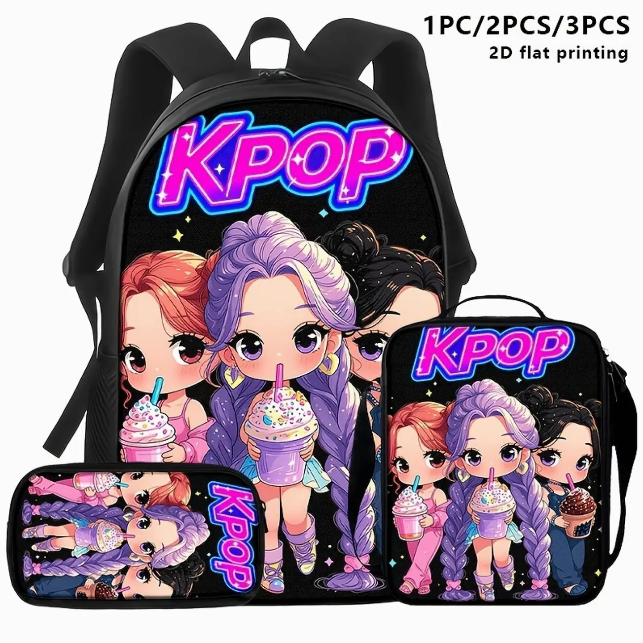 K-Pop Style Backpack Set, 3-Piece Animete Backpack, Lunch Bag , And Pencil Case, Starry Character Design for Travel Study Commu