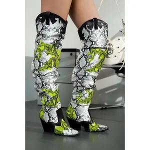 Hilda Faux Snakeskin Thigh High Cowboy Boots - Black