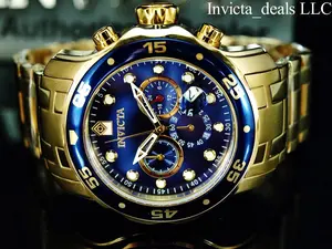 NEW Invicta Men's 48mm Pro Diver SCUBA Chronograph Blue Dial 18KT Gold Plated Stainless Steel Watch