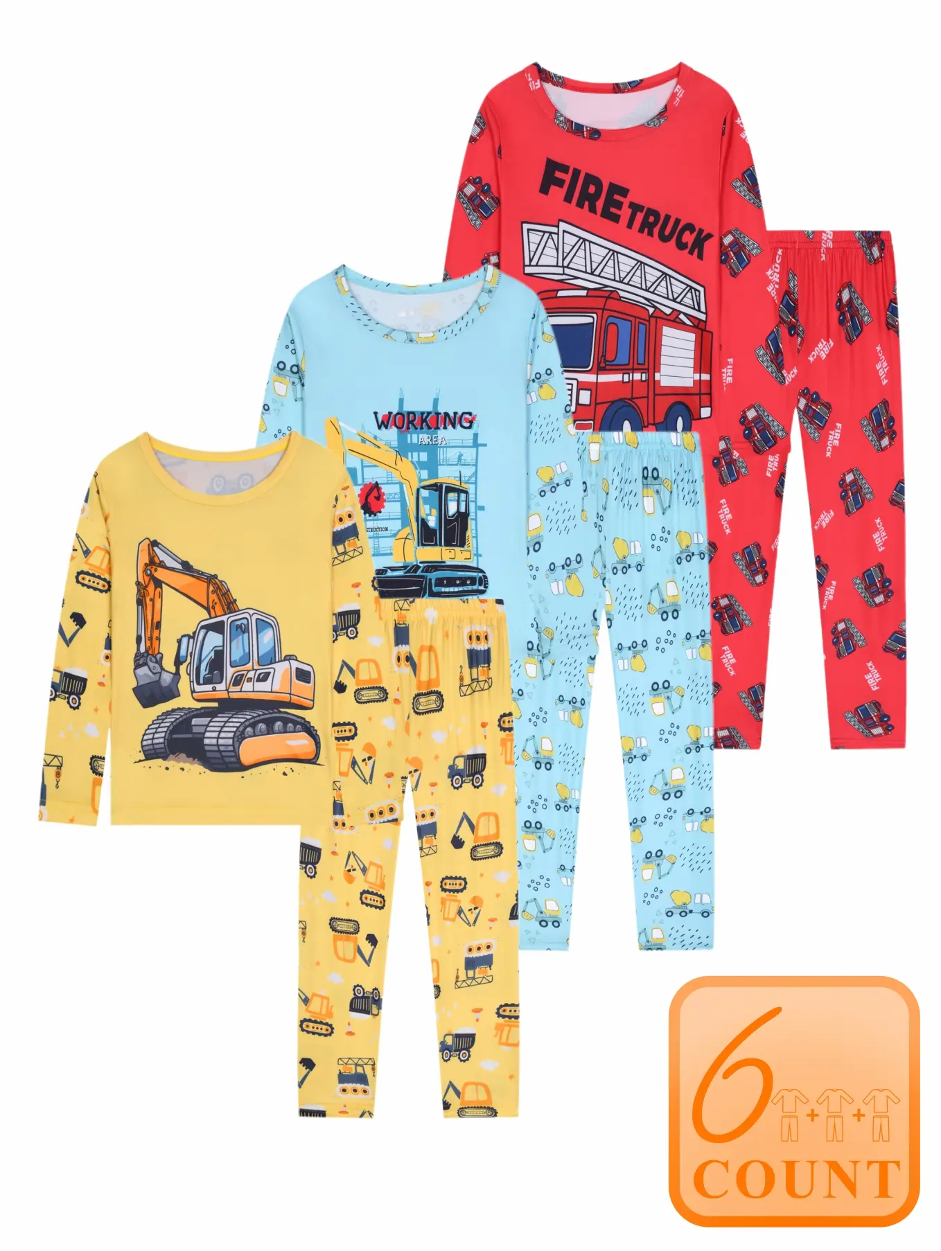 Boys' 3-Pack Fitted Cartoon Construction Vehicle Pajama Sets, Fall-Winter Crew Neck Long Sleeve & Pants, 3-8Y Cute Cozy Homewear Home Outfits, Toddler Kids' Loungewear Sleepwear