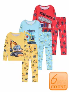 Boys' 3-Pack 6-Piece Set Cool Construction Vehicle Pattern Fall/Winter Crew Neck Long Sleeve & Pants Loungewear & Sleepwear Set