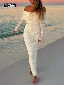 Women's Plain Floral Lace Off Shoulder Sheer Dress, Elegant Backless Long Sleeve Long Dress for Beach Holiday Vacation, Ladies Spring & Fall Clothes, Womenswear