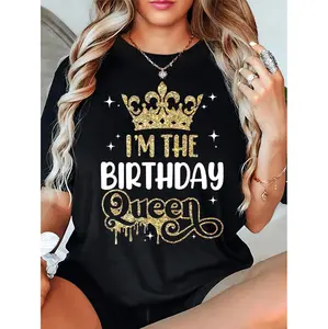 Women's "I'm the Birthday Queen" Graphic Tee - White with Golden Glitter Crown & Stars, Casual Short Sleeve T-Shirt for Spring & Summer, Lightweight Polyester Blend, Perfect for Birthday Celebrations, Birthday Celebration Shirt |
